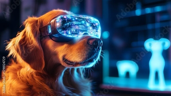 Obraz Golden Retriever with VR Headset in a Virtual Reality Environment