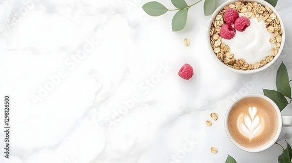 Fototapeta Delectable Breakfast Parfait with Granola and Coffee on Rustic Marble Table