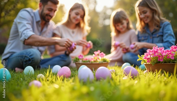 Fototapeta A cheerful family gathers in the garden to paint and decorate Easter eggs, enjoying a festive Easter activity full of joy, love, and creativity in the warm spring sunlight.