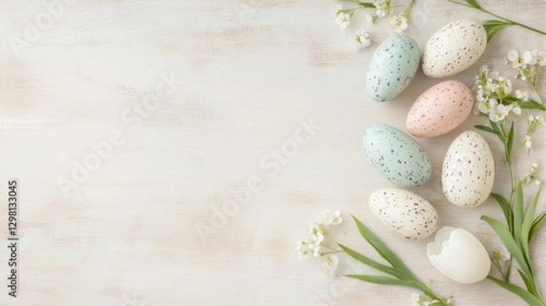 Obraz Easter background. Easter painted eggs and spring flowers on a white background, top view, copy space	