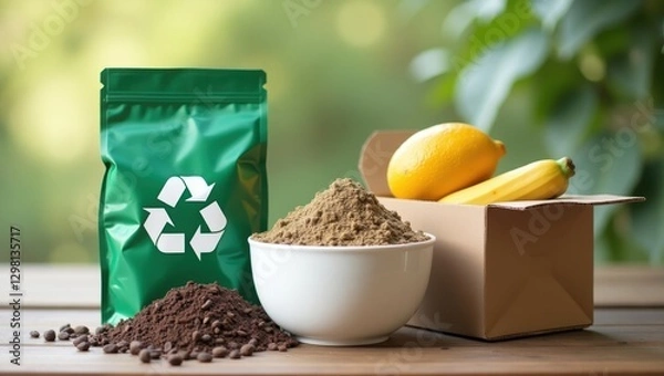 Fototapeta Sustainable Packaging Materials. Recyclable green coffee bag with grou