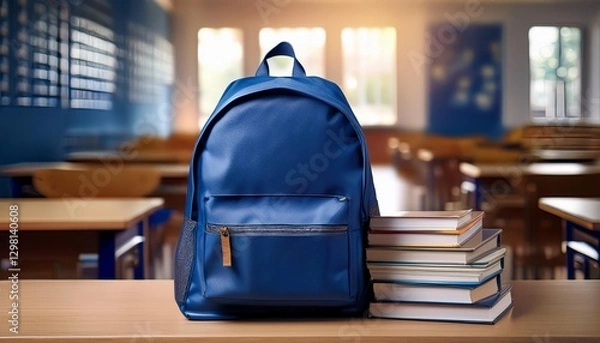 Fototapeta Navy Blue School Backpack with Books on the Table in Blured Class Room Background. Back to School Concept. Banner with Copy Space.