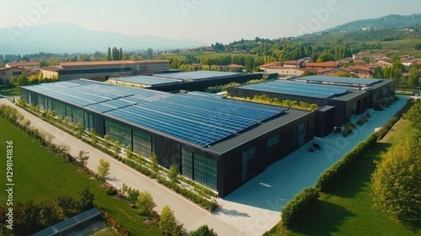 Fototapeta Aerial view of modern industrial complex with solar panels on rooftops.