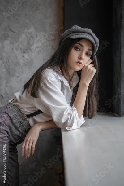 Fototapeta Portrait of a fashionable girl in plaid trousers and a cap by the windowsill