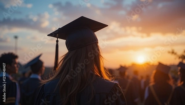 Fototapeta Sunset Graduation Ceremony: A silhouette of a graduate against a vibrant sunset, symbolizing the beginning of a new chapter and the culmination of academic achievements.