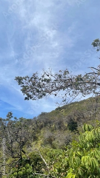 Fototapeta The mountains looked towering in the hot sun, with their peaks stretching out wide as if they were touching the sky. The scorching hot air made every rock and hillside radiate heat, while the shadows 