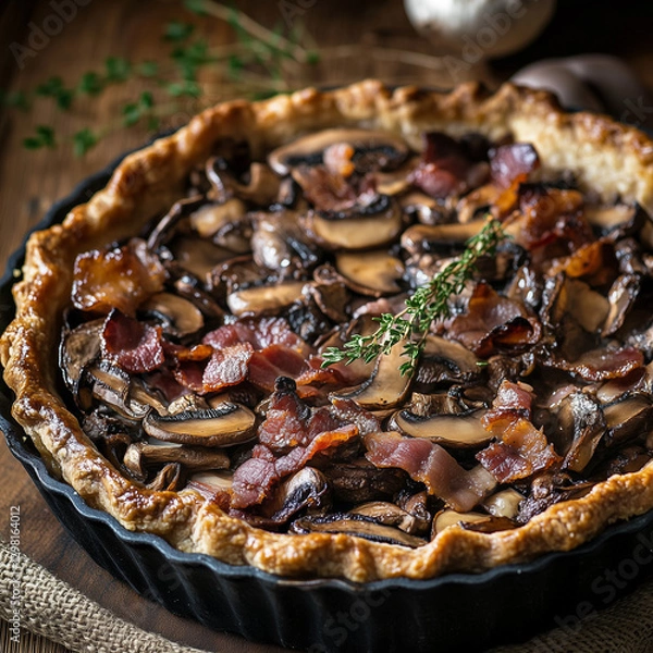 Obraz Mushroom and bacon pie baked in a rustic rye crust