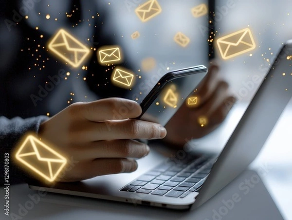 Fototapeta Person Manages Emails on Smartphone and Laptop in Digital Work Environment