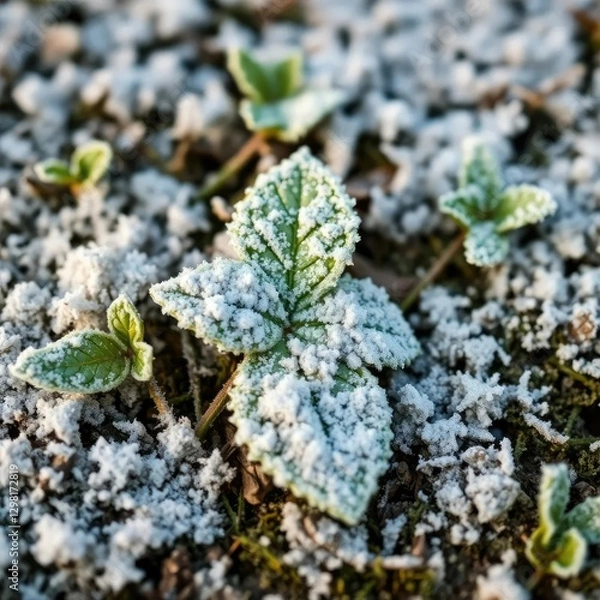 Fototapeta A single frost-covered mint leaf on the ground, frost, snow