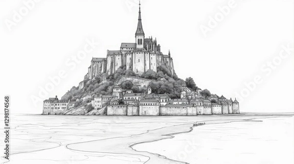 Fototapeta Fine Line Architectural Sketch of Mont Saint-Michel Emphasizing its Medieval Features