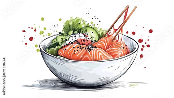 Obraz A digital illustration depicting a salmon poke bowl. The bowl is white and contains pieces of salmon, lettuce, cucumber, and a creamy sauce.  Chopsticks are placed on top. The style is loose and