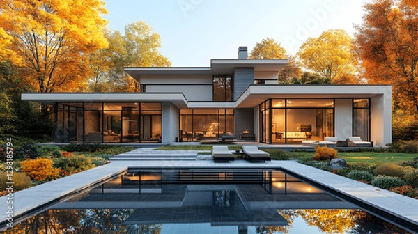 Fototapeta Modern autumn house with pool, forest background