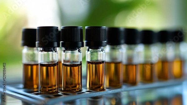 Obraz Small glass vials with black caps neatly arranged in a metal rack on a production line symbolize precision mass production and quality control in modern medical manufacturing