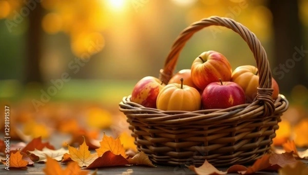 Fototapeta Warm light shines through the lattice of a wooden basket filled with apples and gourds, soft focus, outdoorsy, autumn