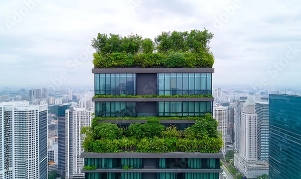 Obraz Modern building with rooftop garden, cityscape view. Green architecture. Sustainability promotion