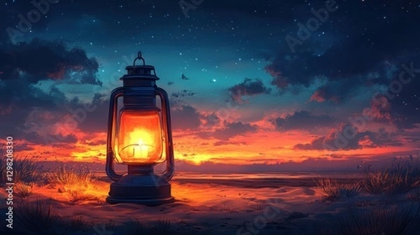 Fototapeta Glowing lantern at sunset on a beach.