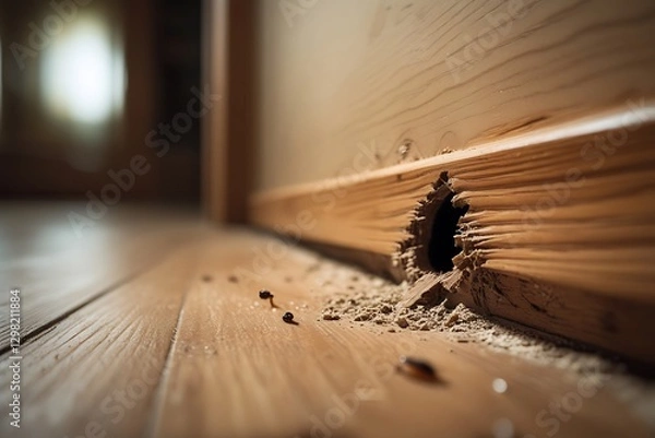 Fototapeta Mouse hole in a wooden baseboard with chewed edges, highlighting rodent infestation issues.

