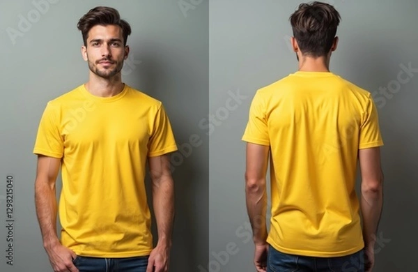 Fototapeta Male model posing studio in yellow t-shirt mockup front and back view. Apparel template for designers and creatives present casual clothing style and brand promotion opportunities.