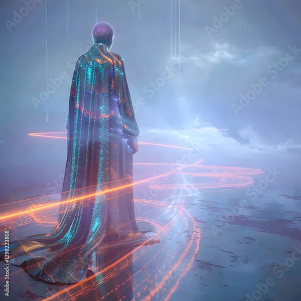 Fototapeta futuristic AI humanoid stands poised on digital runway, emanating an aura of quiet confidence and anticipation