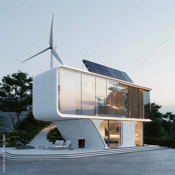 Fototapeta futuristic, energy efficient home integrates solar panels and wind power, standing as beacon of sustainable living with hopeful, innovative design