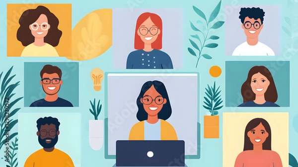 Fototapeta Diverse employees enjoying virtual mentorship expressing collaboration, unity, and joyful learning in modern digital environment