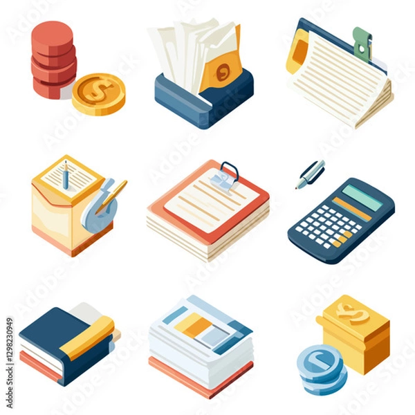 Fototapeta Isometric Office Supplies Set with Calculator, Pen, and Note Stacks