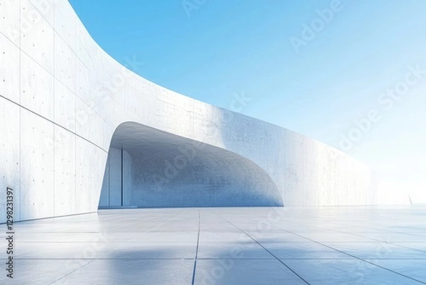 Fototapeta empty concrete floor with a curved wall and an entrance door in a modern minimalist architectural background, an interior design concept scene