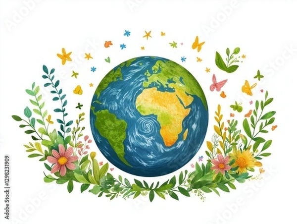 Fototapeta Illustration of planet Earth surrounded by colorful flowers, butterflies, and greenery, isolated on white background