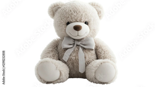 Fototapeta Soft gray teddy bear with bow sitting upright on a white background, perfect for gifting or decoration