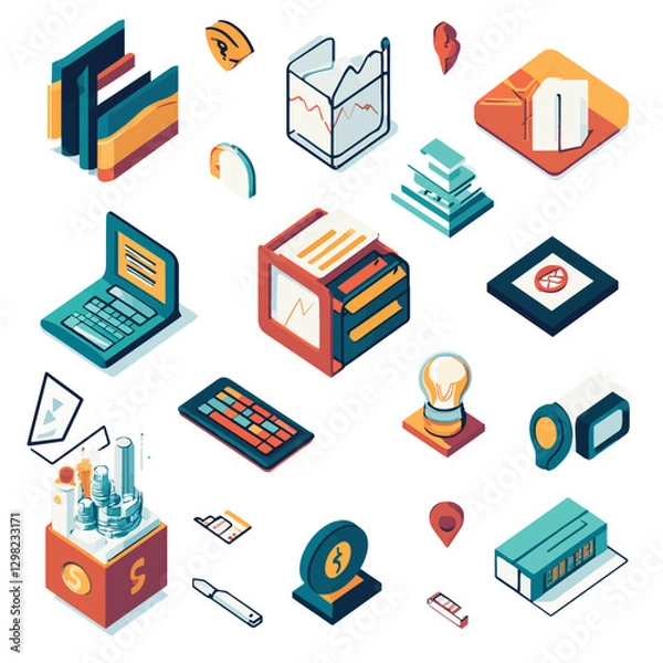 Fototapeta Isometric Business Icons Financial Data Tech Strategy, isolated on white