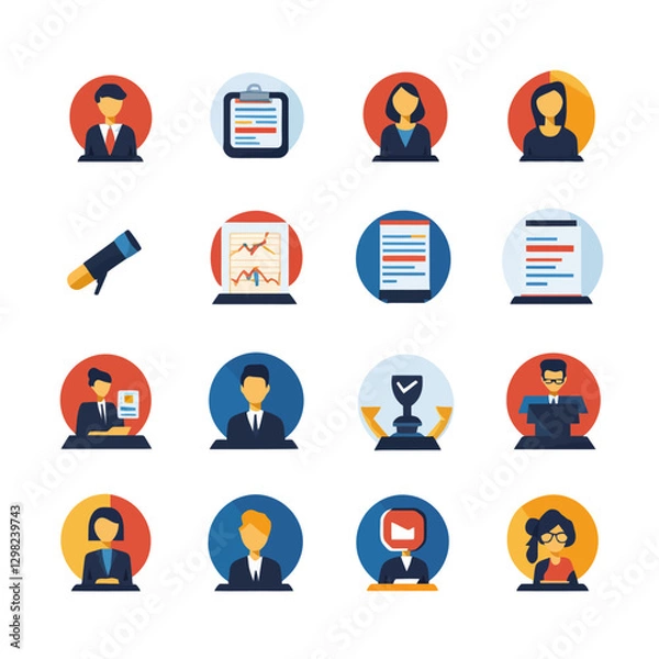 Fototapeta Business and finance icons depicting data analysis, teamwork, and success