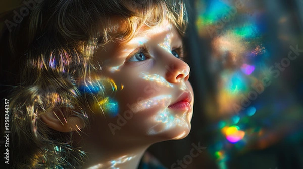 Fototapeta young boy gazes upward, face aglow with crystalline light dispersion, wonder and curiosity shining in his bright eyes