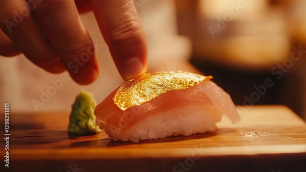 Fototapeta 金箔が輝く極上の寿司、高級寿司店の贅沢なひととき