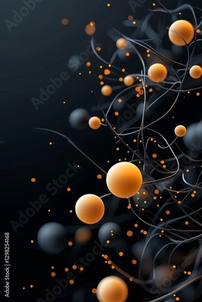 Fototapeta Abstract Orange Spheres and Dark Lines on Black Background