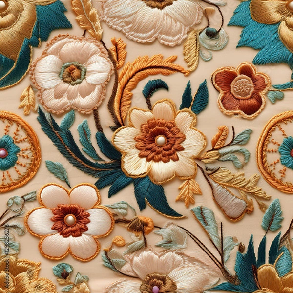 Fototapeta Seamless Embroidered Textile Pattern with Floral and Geometric Stitches