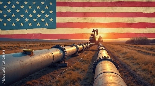 Fototapeta Pipes Running Through Fields Under Sunset With American Flag Backdrop