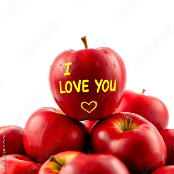 Obraz A close-up photo of several fresh red apples against a bright solid white background. On top of the pile of apples, one apple stands out with bright yellow text that reads 'I LOVE YOU