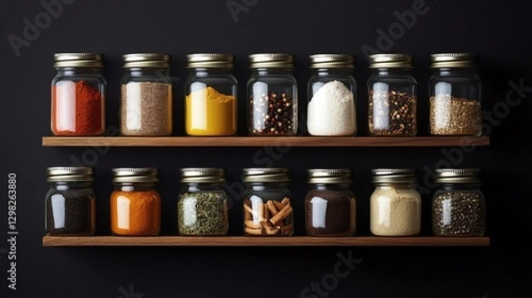 Fototapeta A spice rack with neatly labeled jars on a black background
