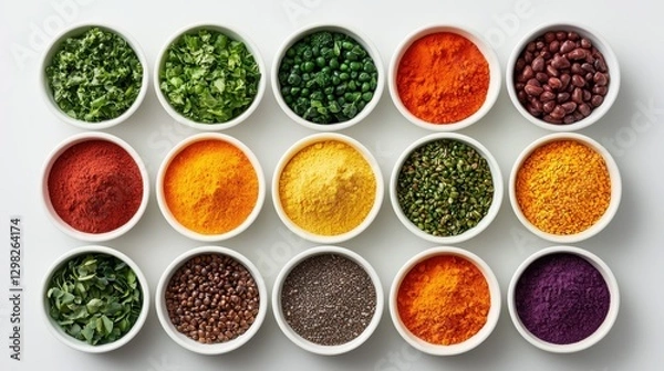 Fototapeta Colorful Assortment of Fresh Spices and Ingredients Arranged in Bowls on White Surface for Culinary Inspiration