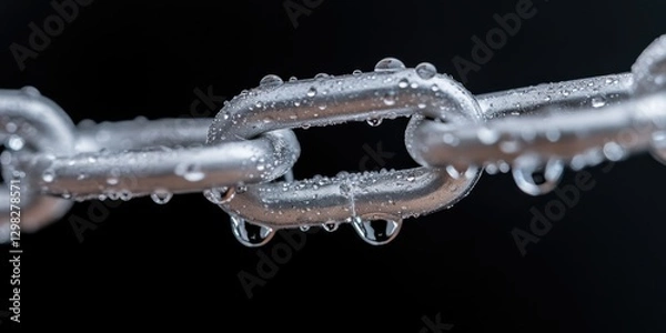 Fototapeta Gleaming droplets adorn a close-up of a wet metal chain, capturing moments of strength and resilience in fine details.