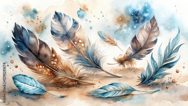 Fototapeta Serene Watercolor Painting of Delicate Brown and Teal Feathers Scattered on a Sandy Surface with Abstract Watercolor Background