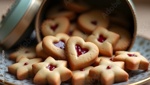 Obraz photograph of a tin overflowing with an assortment of homemade cookies, including heart-shaped cookies with a vibrant red jam filling in the center