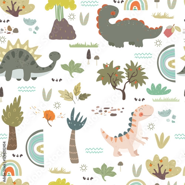 Fototapeta Dino pattern with plants, rainbows, volcano and spots on white background. Seamless pattern with cute animals and cartoon nature.