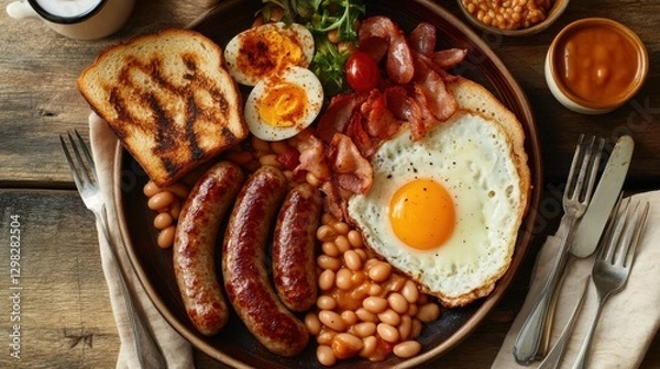 Fototapeta Traditional Hearty Breakfast Plate with Eggs, Bacon, and Sausages