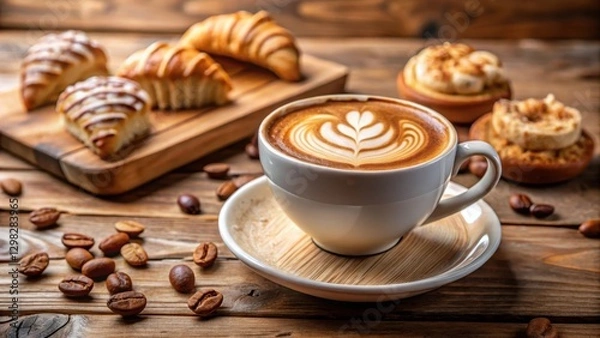 Fototapeta Aromatic Coffee with Exquisite Latte Art and Sweet Pastries on Rustic Wooden Table