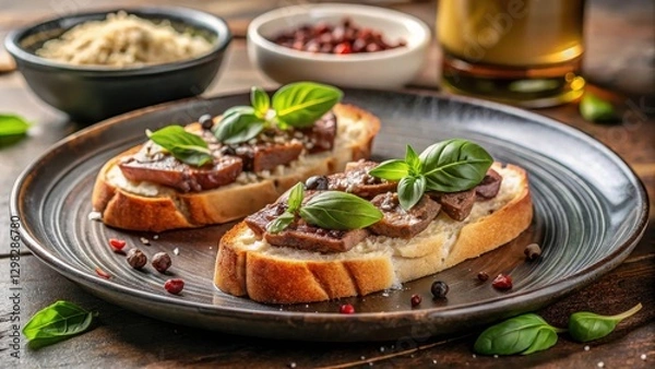 Fototapeta Delicious Toasted Bread with Creamy Spread Topped with Savory Seared Meat and Fresh Basil Garnish