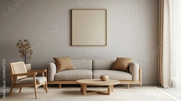 Fototapeta Cozy minimalist living room with natural light, wooden furniture, and neutral color palette, modern design