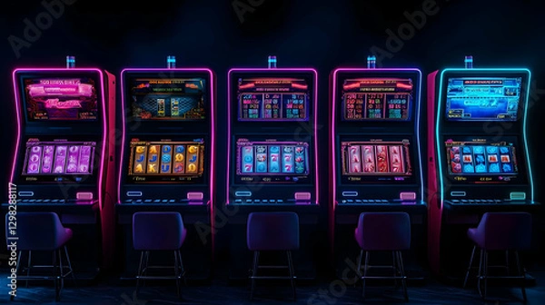 Fototapeta Five Illuminated Slot Machines in Neon Colors Displaying Digital Graphics on Black Background
