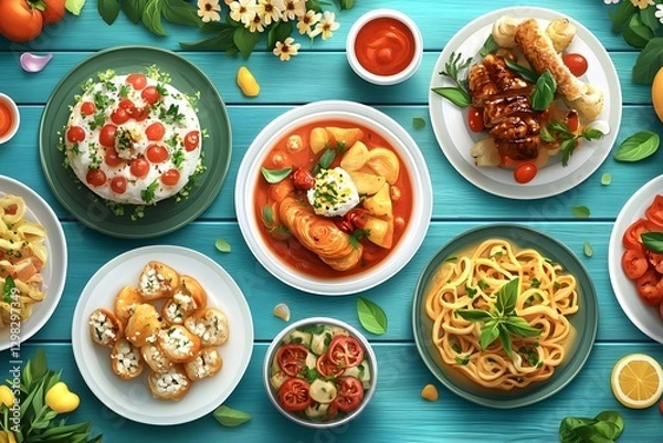 Fototapeta Colorful and enticing delicacies on the dining table
