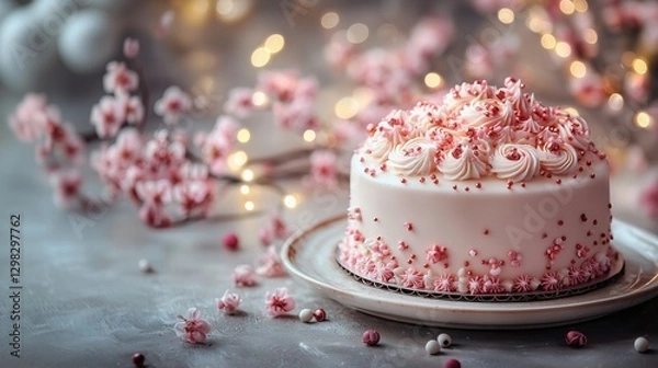 Fototapeta Round Layered Pink Cake Decorated with Cream and Floral Sprinkles on a White Plate with Blossoms in Bokeh Background